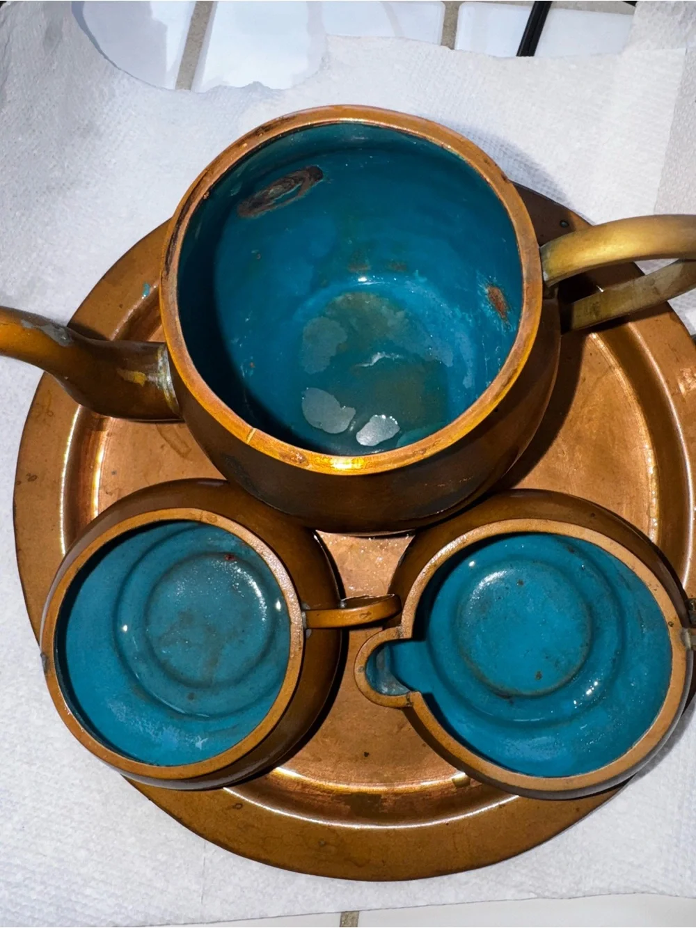 Copper-Tone Teapot and Serving Set with Teal Accents